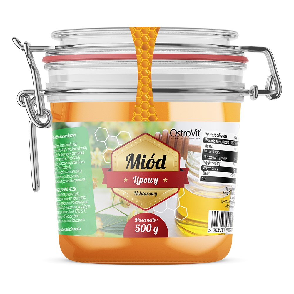 OstroVit Miód Lipowy 500g linden honey in a clear glass jar with a metal clasp lid, featuring a honeycomb design and nutritional information on the label.