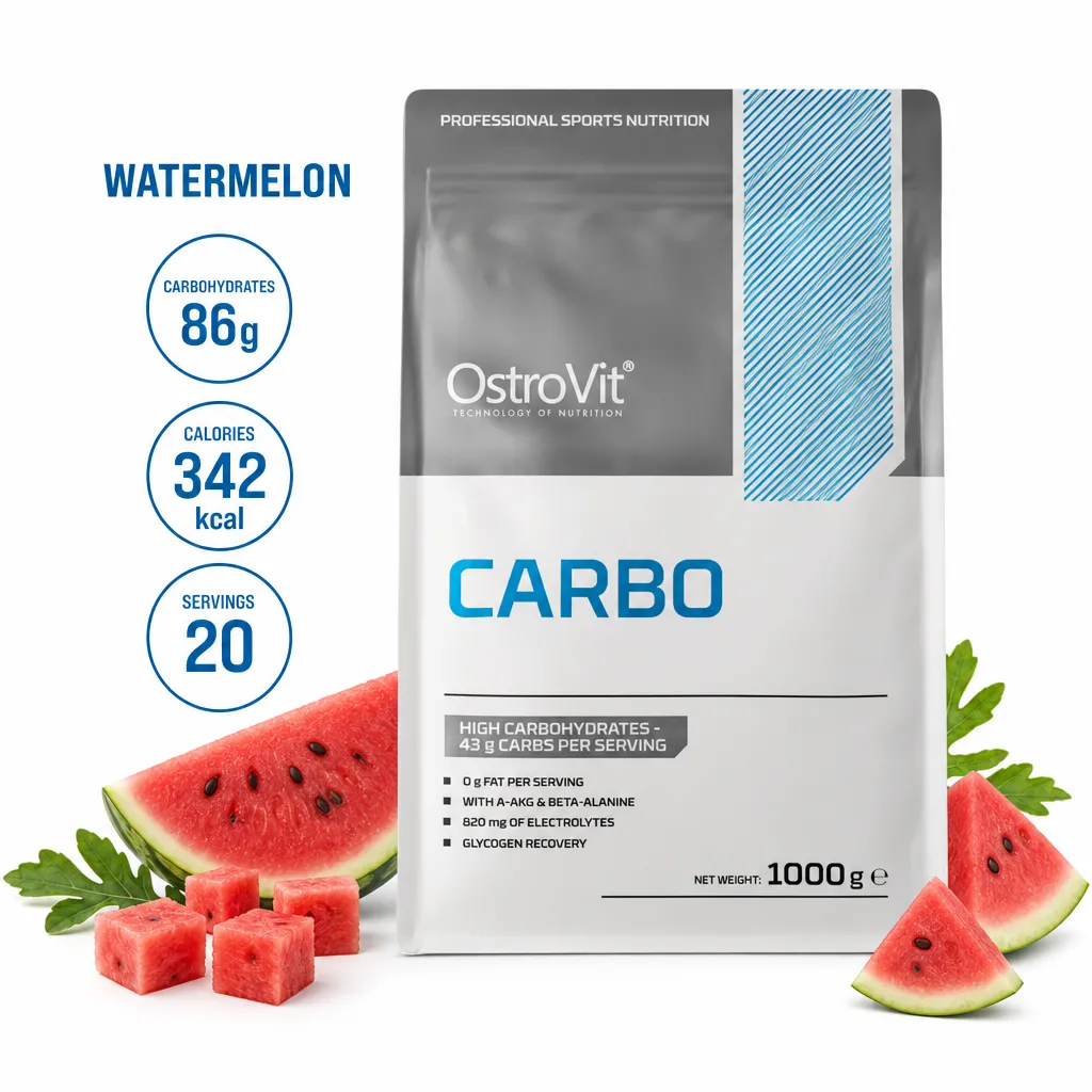 OstroVit Carbo 1000g Watermelon is a carbohydrate powder supplement for athletes, featuring high carbs, electrolytes, AAKG, beta-alanine, and a watermelon flavour.