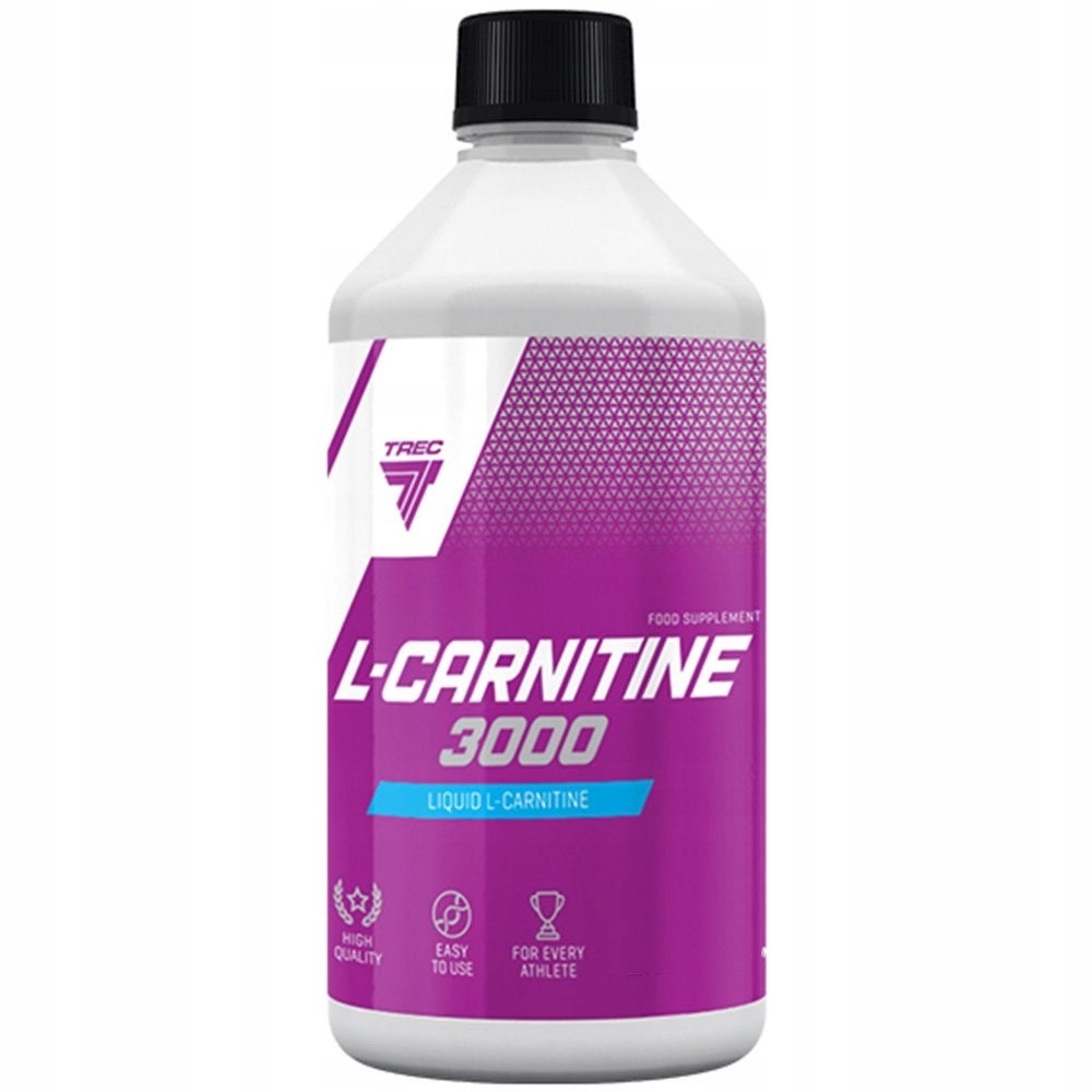 Trec L-Carnitine 3000 liquid L-carnitine supplement in a 500ml bottle, purple and white label, designed for athletes and easy to use.