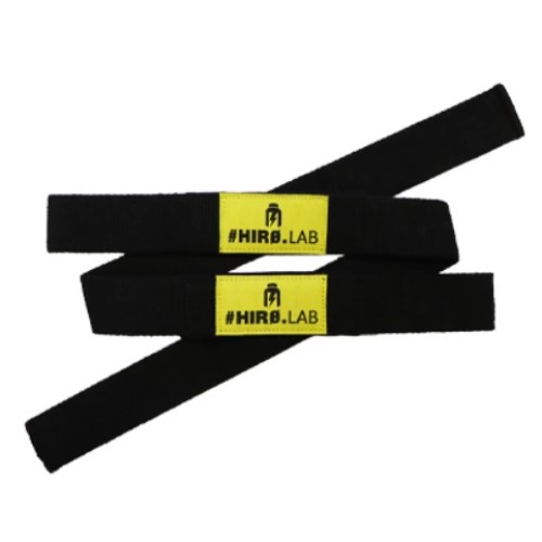 Hiro Lab Lifting Straps 2pcs black cotton weightlifting accessories with yellow logo patches, designed for enhanced grip during strength training.