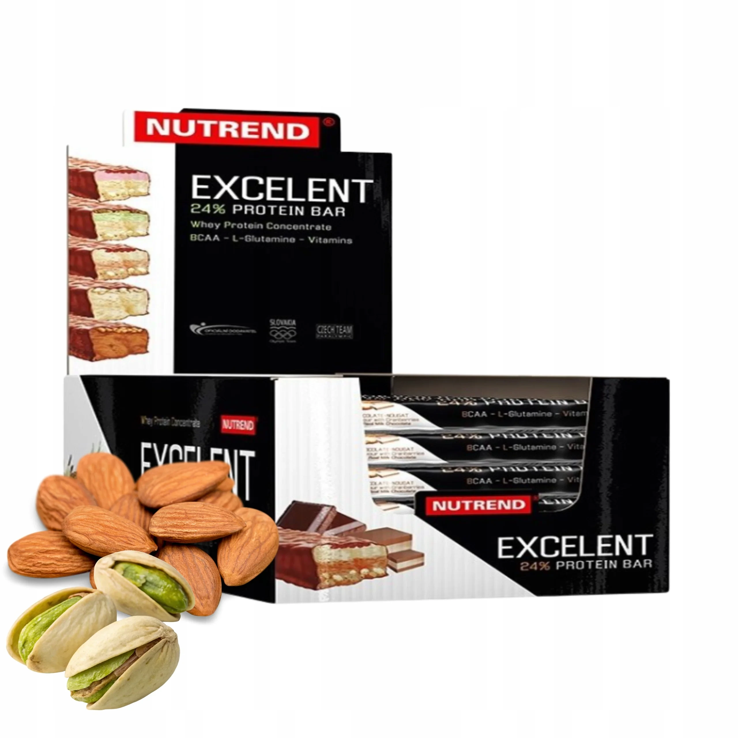 Nutrend Excelent protein bar multipack with almond and pistachio flavour, 85g bars in a pack of 18