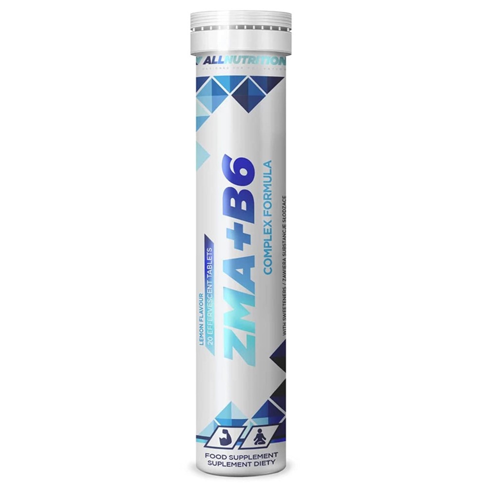Allnutrition ZMA+B6 effervescent tablets, lemon flavour, 20 count tube, food supplement with complex formula containing zinc, magnesium, and vitamin B6.