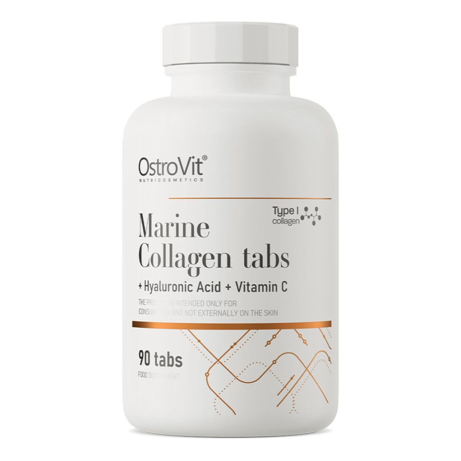 OstroVit Marine Collagen tabs with hyaluronic acid and vitamin C, 90 tablets, a dietary supplement for skin and joint health in a white bottle with minimalist design.