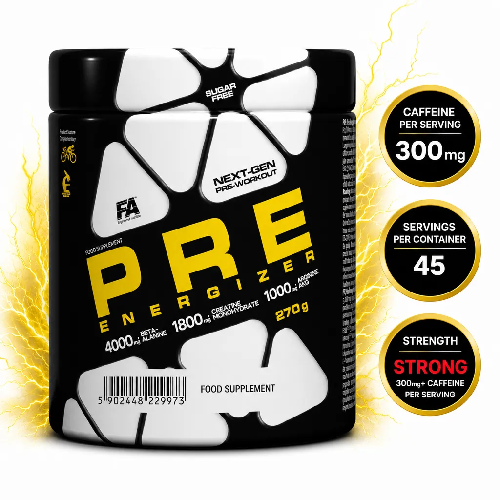 FA Nutrition Pre Energizer 270g sugar-free powdered pre-workout supplement with caffeine, creatine, beta-alanine and arginine