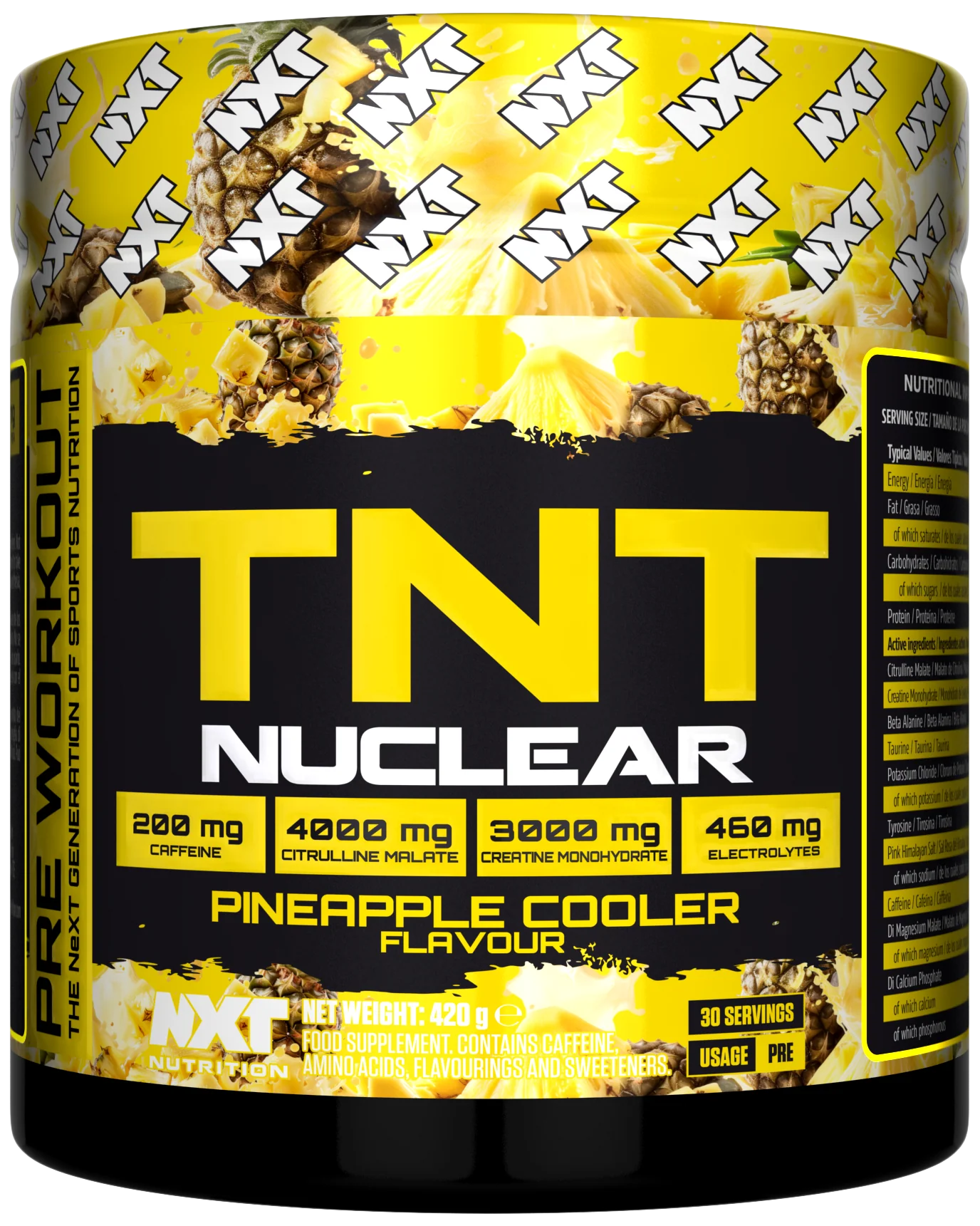 NXT Nutrition TNT Nuclear 420g supplement tub with bold, colourful branding and product information.