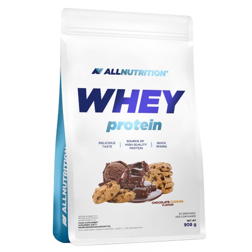 Allnutrition Whey Protein 908g chocolate cookies flavour, high quality protein powder supplement in a white and blue pouch.
