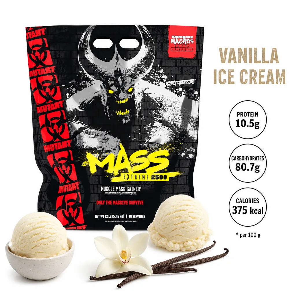 Mutant Mass Extreme 2500 5450g Vanilla Ice Cream is a high-calorie mass gainer for athletes, featuring 10.5g protein, 80.7g carbs, and 375 kcal per 100g.