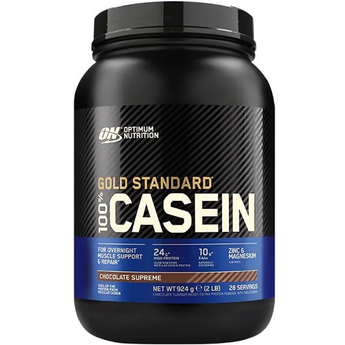 Optimum Nutrition Gold Standard 100% Casein Chocolate Supreme protein powder, 924g tub, designed for overnight muscle support and slow protein release.