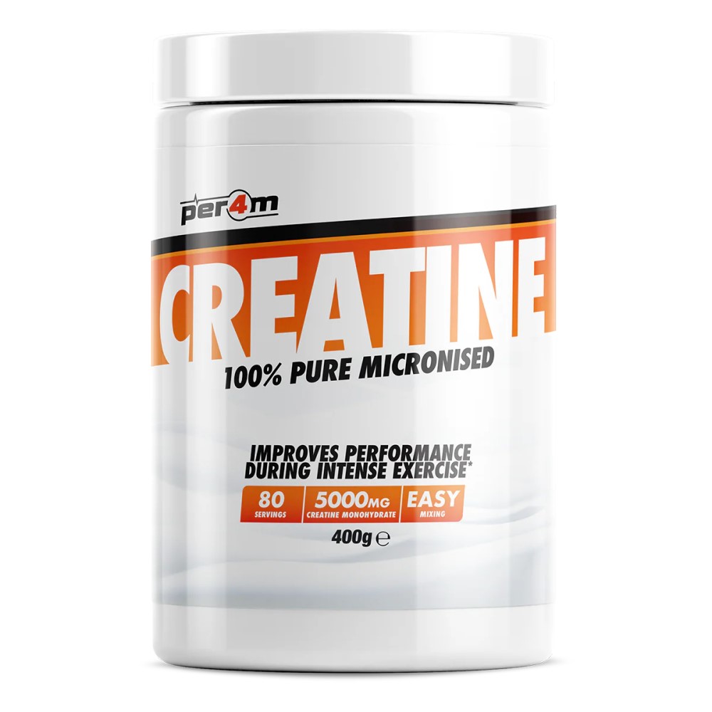 Per4m Creatine Micronised 400g container, white with blue and black label, dietary supplement powder