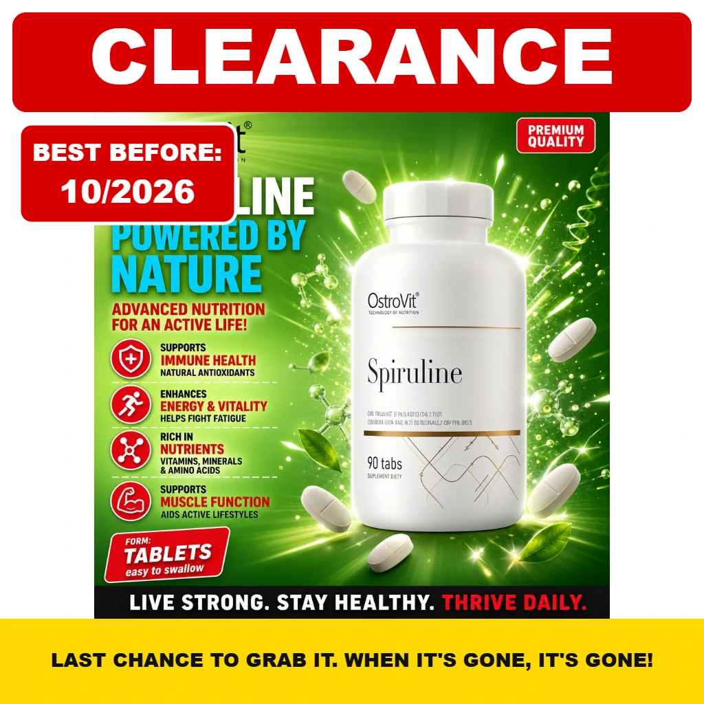 OstroVit Spiruline 90-tablet dietary supplement with a green spirulina-themed design and white tablets