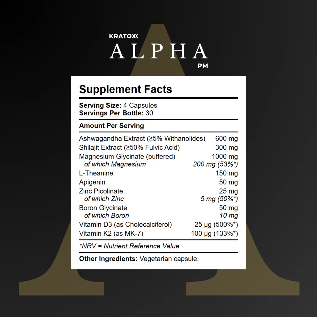 Close-up of Kratox Alpha PM 120-capsule bottle, showing supplement facts and ingredient details on label