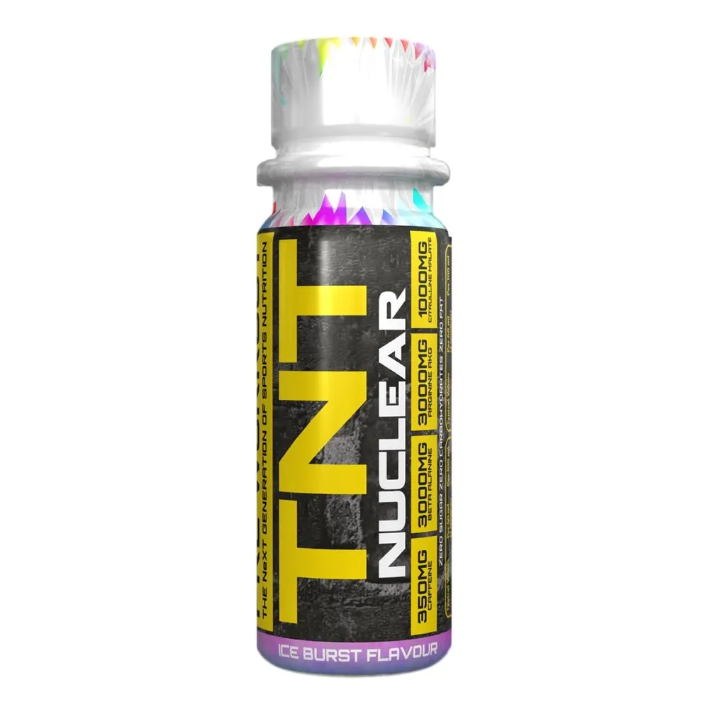 NXT Nutrition TNT Nuclear Shot Ice Burst Flavour, a pre-workout energy shot supplement in a small bottle with a black and yellow label and purple accent.
