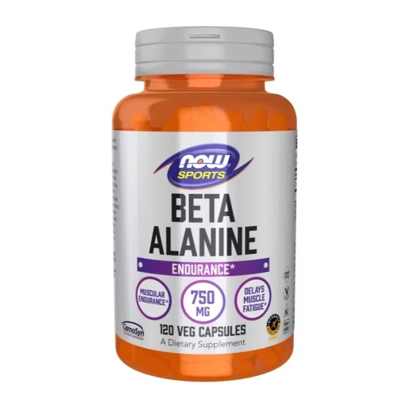 NOW Sports Beta Alanine 750mg 120 veg capsules dietary supplement for endurance and muscle fatigue, in an orange bottle.