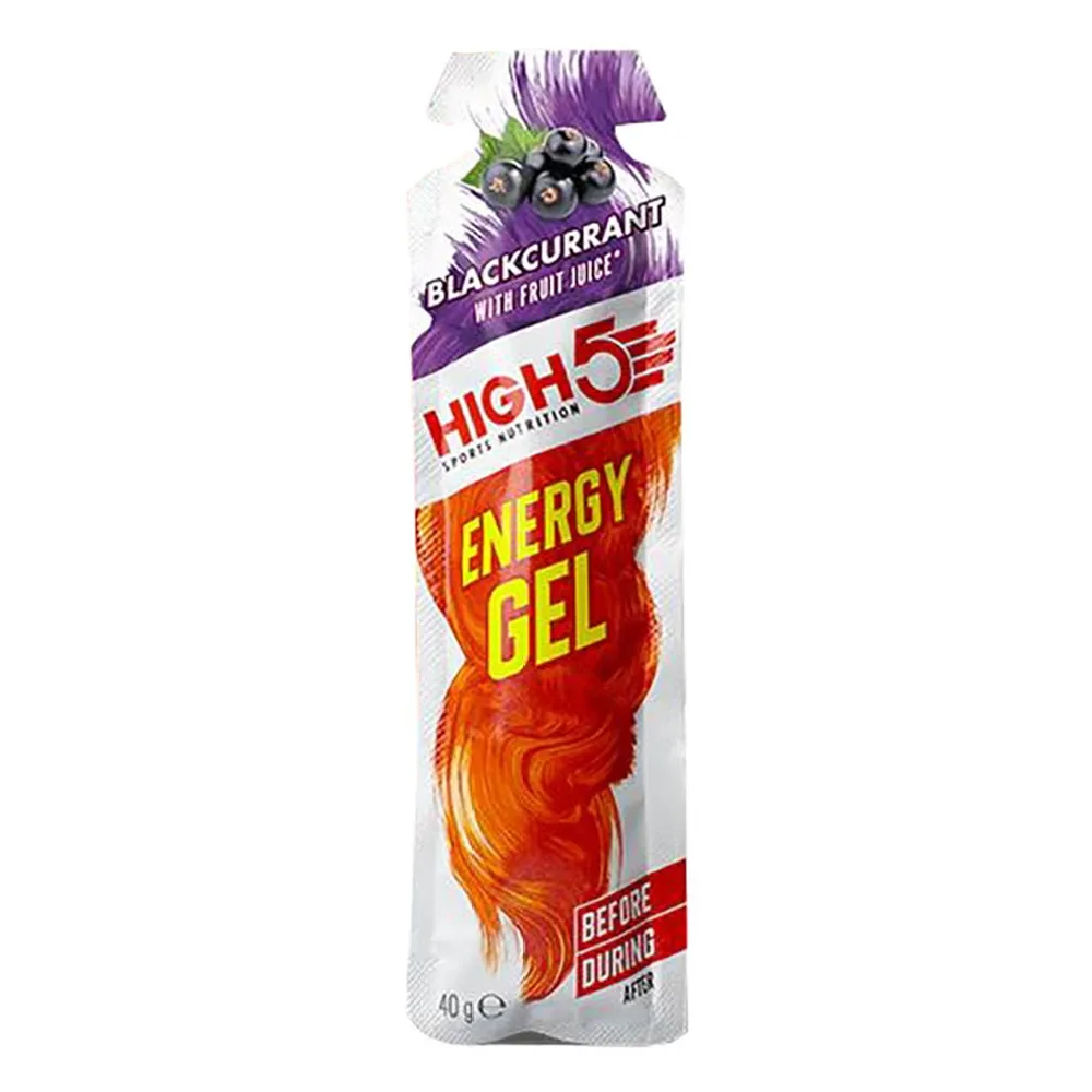 High5 Energy Gel Blackcurrant 40g sports nutrition gel with fruit juice, designed for energy during endurance activities, in a white and orange sachet.