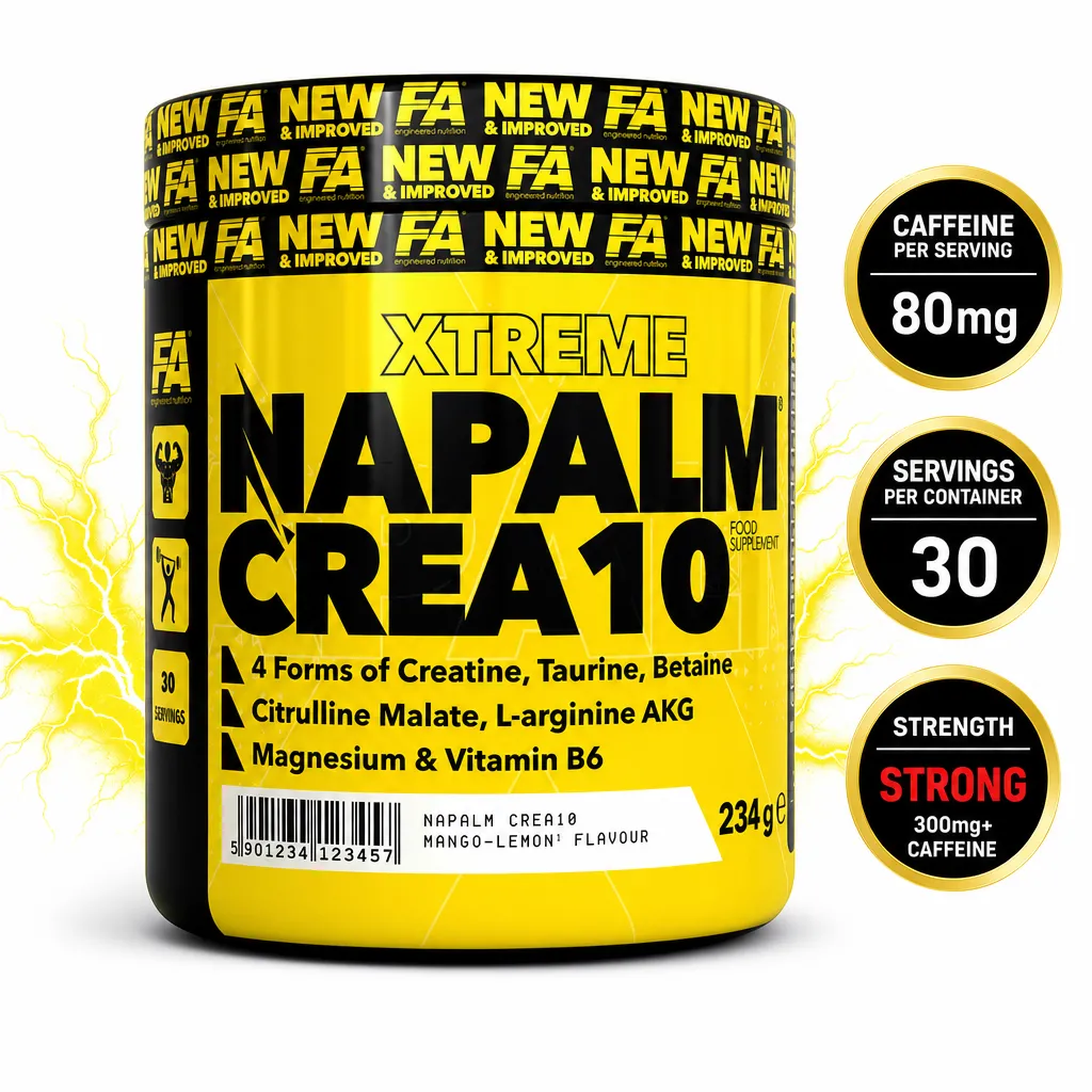 FA Nutrition Napalm Crea10 creatine powder in Mango-Lemon flavour, 234g tub with a four-form creatine blend