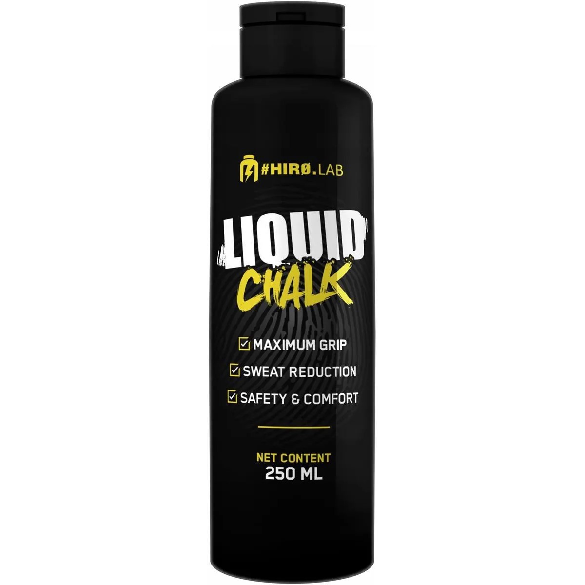 Hiro Lab Liquid Chalk 250ml liquid grip chalk for sports and fitness, designed for maximum grip, sweat reduction, and comfort, in a black bottle with yellow and white text.