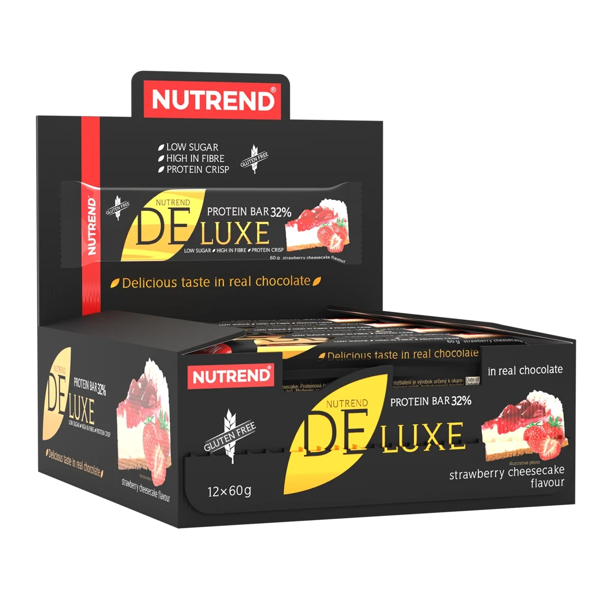 Nutrend Deluxe Protein Bar 60g x12 in strawberry cheesecake flavour, gluten-free protein bars with real chocolate coating