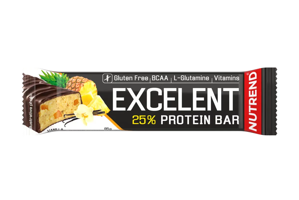 Nutrend Excelent 25% Protein Bar Vanilla and Pineapple, 85g bar, high-protein snack with BCAAs, L-glutamine, vitamins, gluten-free, chocolate-coated.
