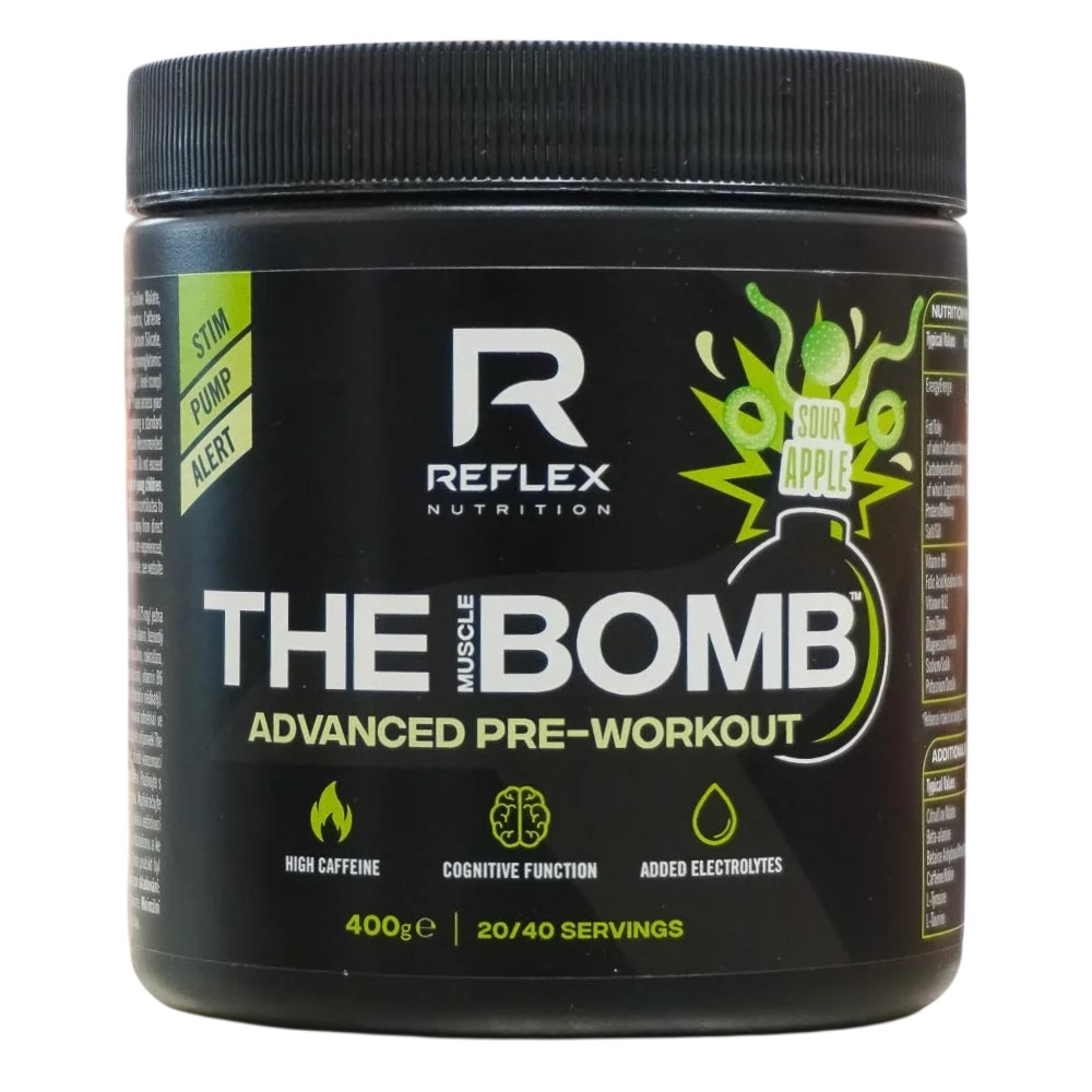 Reflex The Bomb Advanced Pre-Workout 400g sour apple flavour, a high-caffeine pre-workout supplement with added electrolytes and cognitive function support.