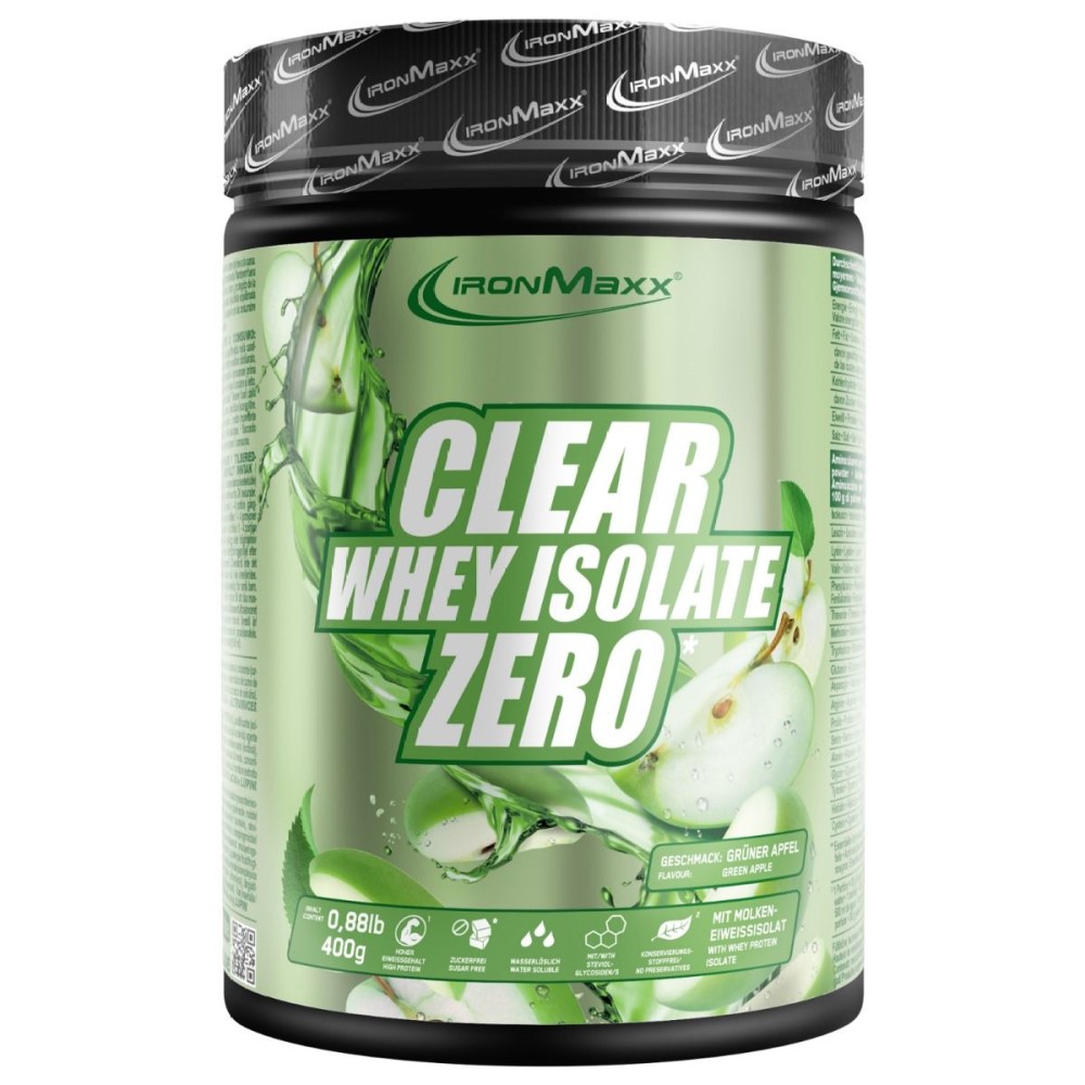 IronMaxx Clear Whey Isolate Zero 400g green apple flavour whey protein isolate supplement in a green tub, suitable for mixing with water.