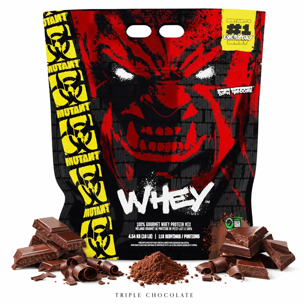 Mutant Whey 4540g Triple Chocolate protein powder, featuring a triple-action whey blend for muscle growth and recovery, in a bold black and red bag with chocolate pieces.