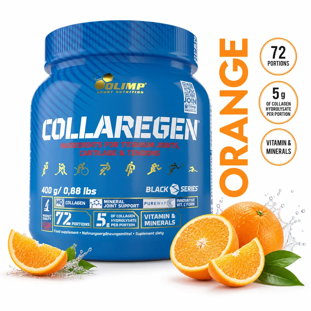 Olimp Collaregen 400g collagen powder supplement in orange flavour, with 72 portions, vitamin C and minerals