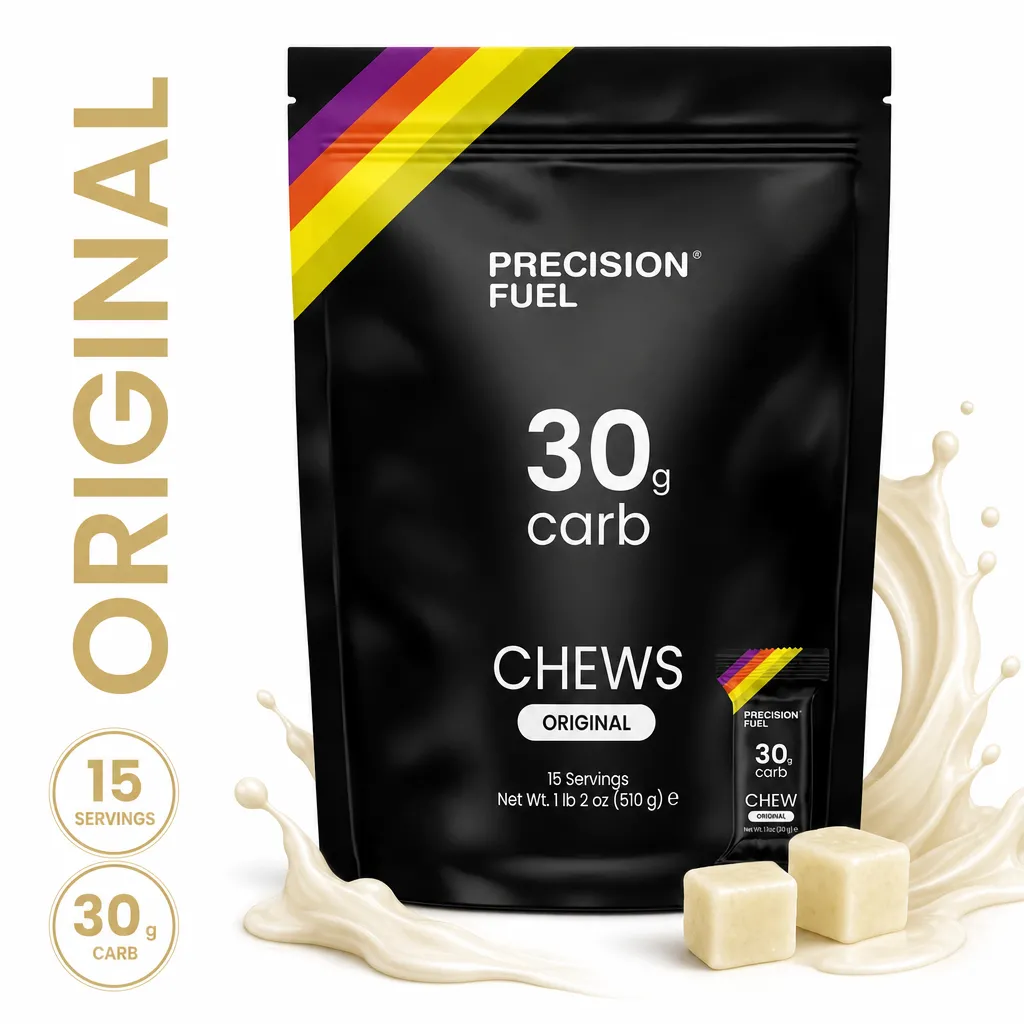 Precision Fuel Carb Chews in Original flavour, a black 15-serving bag with 30g of carbohydrate per packet.