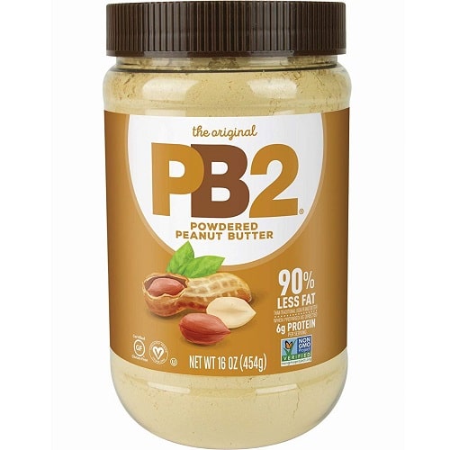 PB2 Powdered Peanut Butter original flavor, 454g jar, featuring 90% less fat and 6g protein per serving, with a brown lid and natural peanut imagery on the label.
