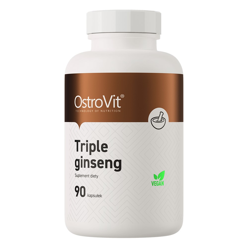 OstroVit Triple Ginseng vegan dietary supplement with 90 capsules, featuring a brown and white label, suitable for vegans.