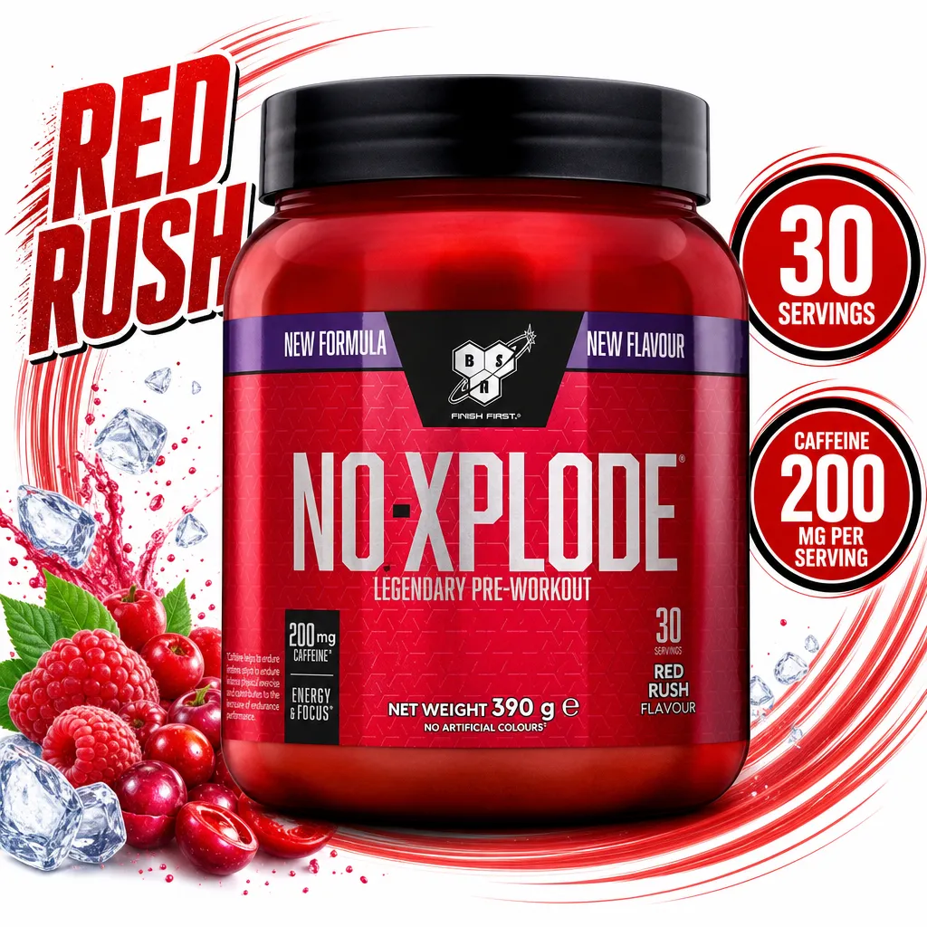 BSN NO Xplode Red Rush pre-workout powder, 30 servings, 390 g tub with 200 mg caffeine per serving