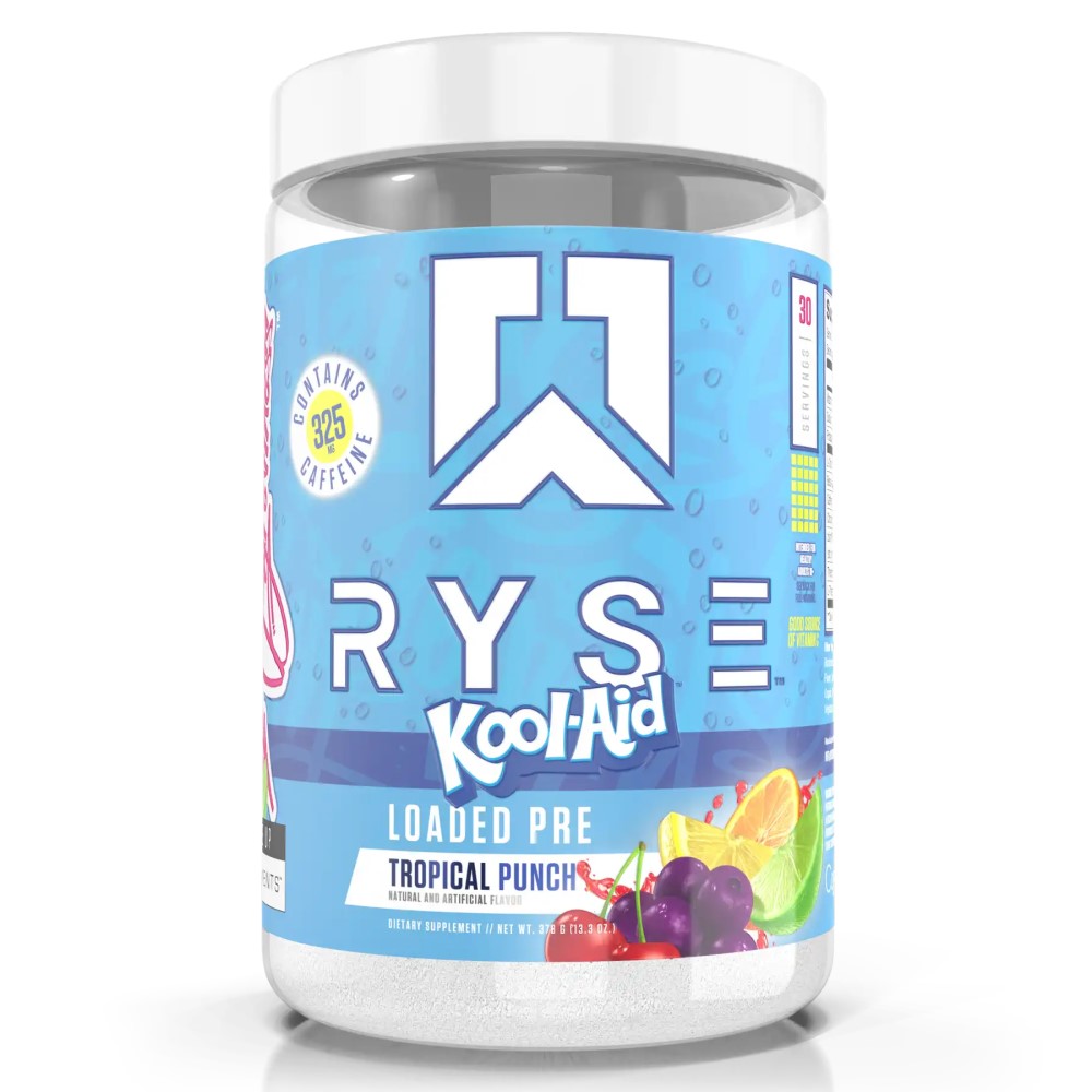 Ryse Loaded Pre Kool-Aid Tropical Punch pre-workout supplement with 30 servings, featuring a blue label and fruit graphics, contains 325mg caffeine per serving.