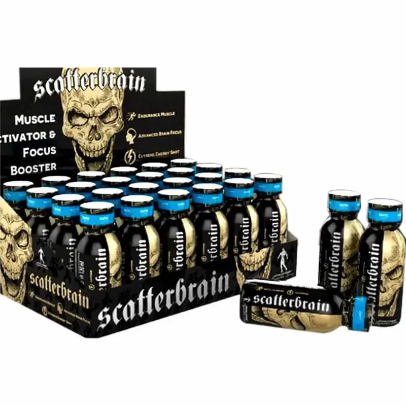 Scatterbrain Shot Muscle Activator & Focus Booster, an energy and focus supplement shot in black bottles with blue caps and skull artwork, displayed in a retail box.