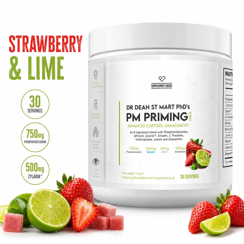 Supplement Needs PM Priming Stack 111g strawberry lime powder supplement with 30 servings and phosphatidylserine, in a white tub