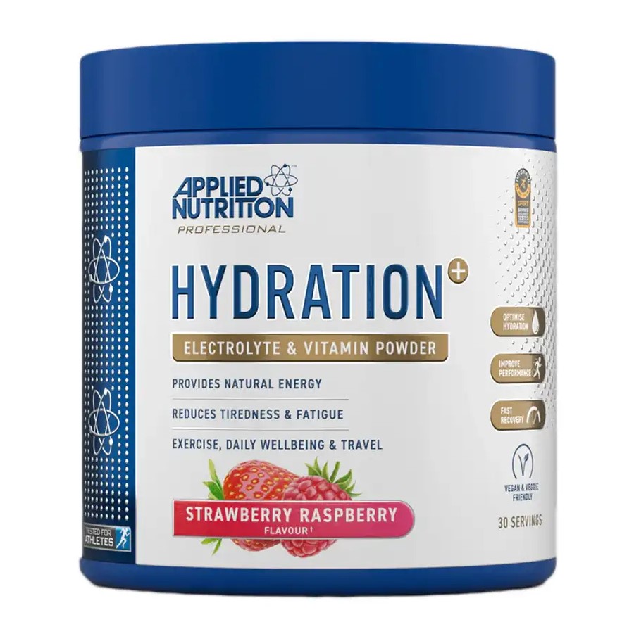 Applied Nutrition Hydration+ Electrolyte & Vitamin Powder in strawberry raspberry flavour, 30 servings, hydration supplement for energy and recovery, blue and white tub.
