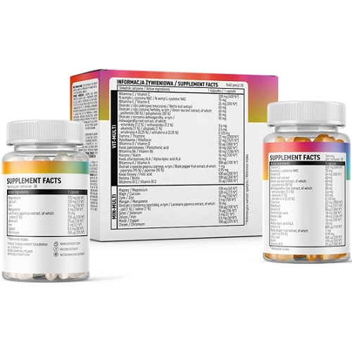 OstroVit Vit&Min Sport 60 Caps multivitamin and mineral supplement, visible in two bottles and a box with supplement facts label, designed for active individuals.