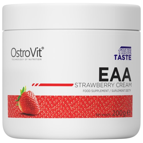 OstroVit EAA Strawberry Cream 200g essential amino acids supplement, strawberry flavour, in a white tub with red strawberry graphics.