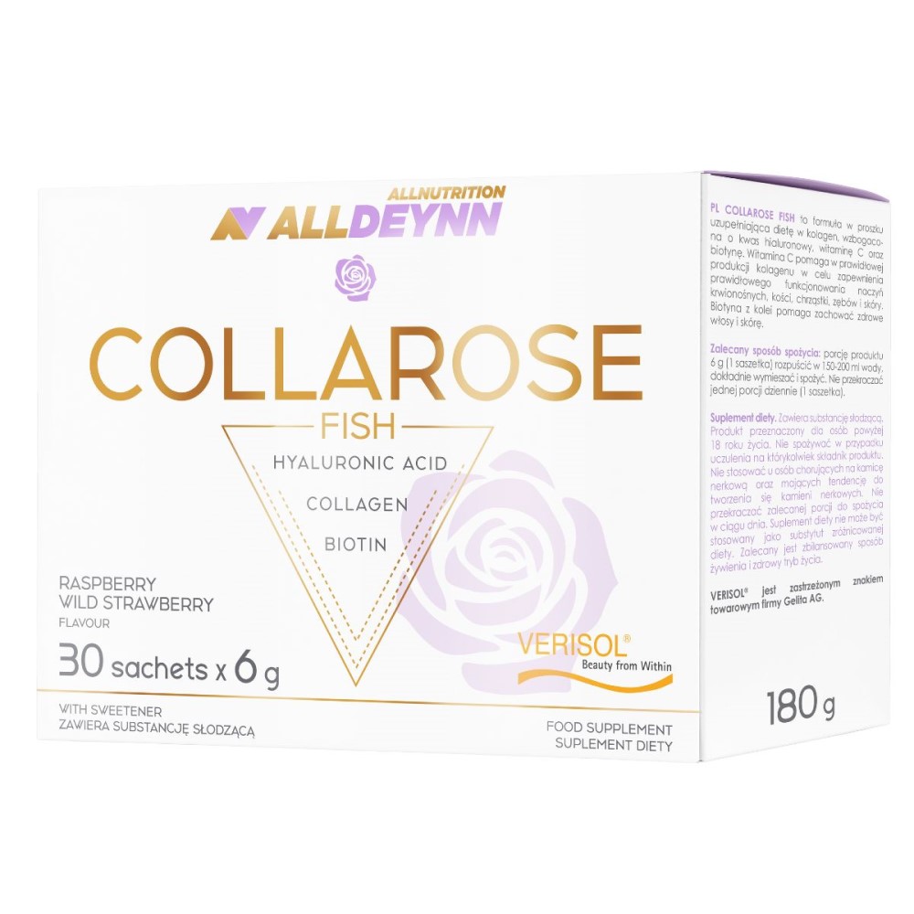 ALLNUTRITION ALLDEYNN Collarose Fish is a collagen, hyaluronic acid, and biotin supplement in raspberry wild strawberry flavour, 30 sachets x 6g, white and gold box.
