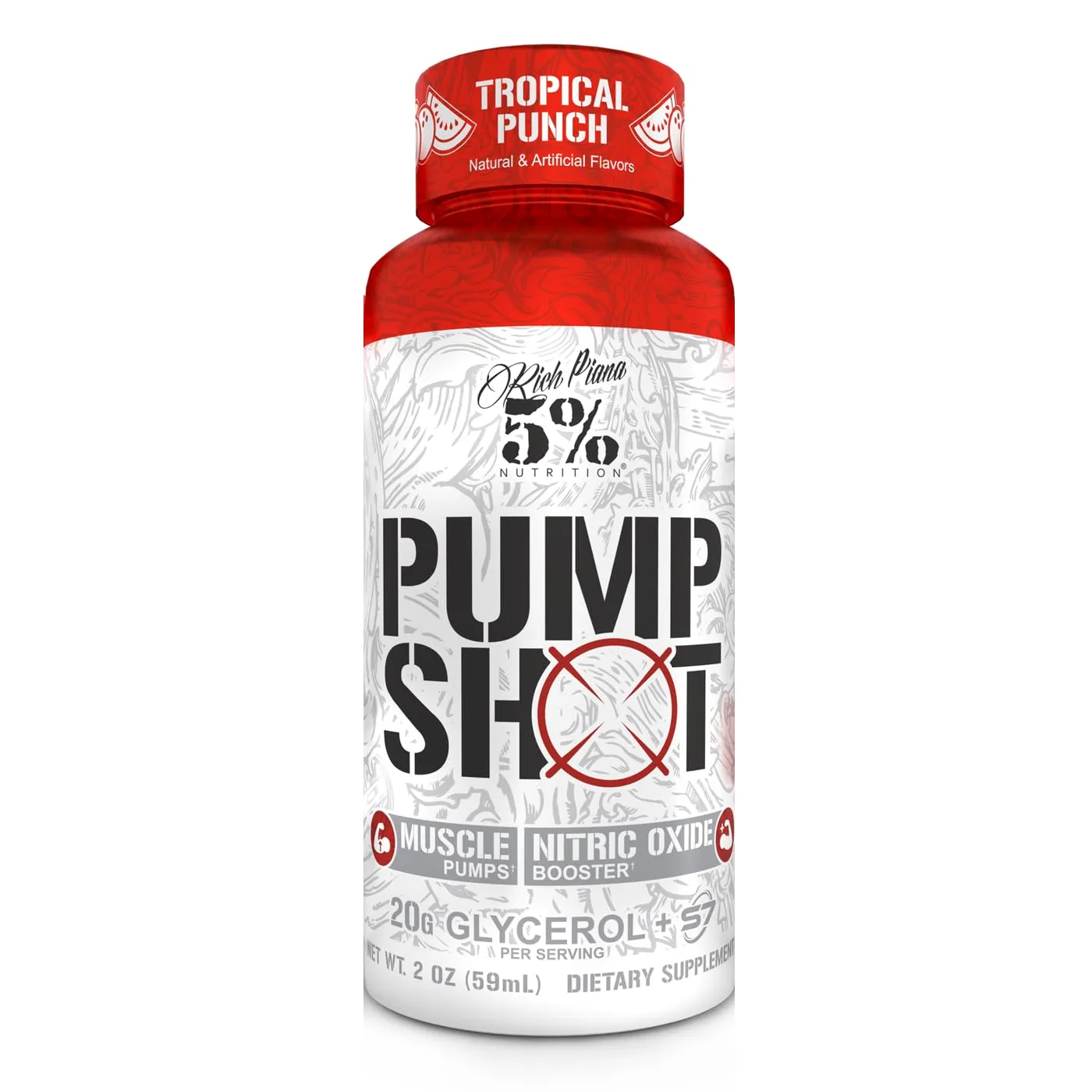5% Nutrition Pump Shot Tropical Punch is a 2oz dietary supplement designed for muscle pumps and nitric oxide boosting, featuring 20g glycerol per serving. The bottle is predominantly white with red accents.