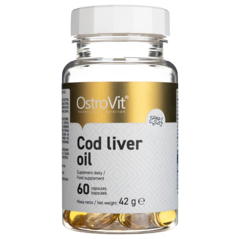 OstroVit Cod Liver Oil 60 capsules food supplement, omega-3 fish oil softgels in a clear bottle with gold and white label.