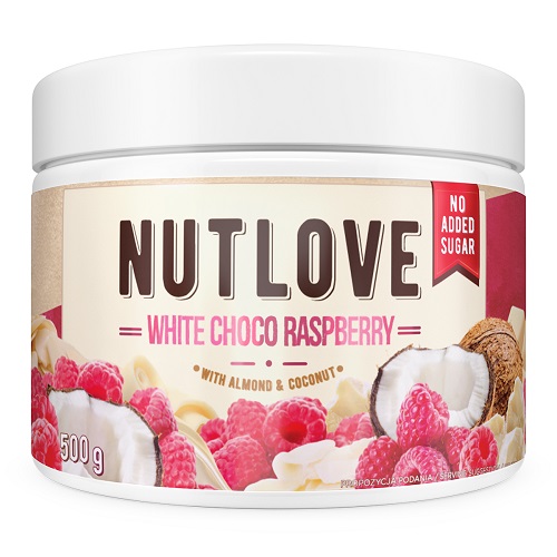 Allnutrition Nutlove White Choco Raspberry 500g almond and coconut spread with no added sugar, featuring raspberries and coconut on the label.