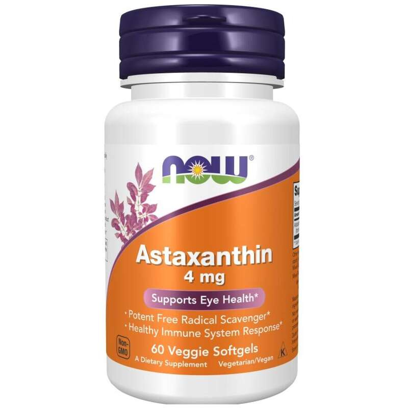 NOW Astaxanthin 4mg 60 veggie softgels dietary supplement for eye health and antioxidant support, in a white bottle with orange label.