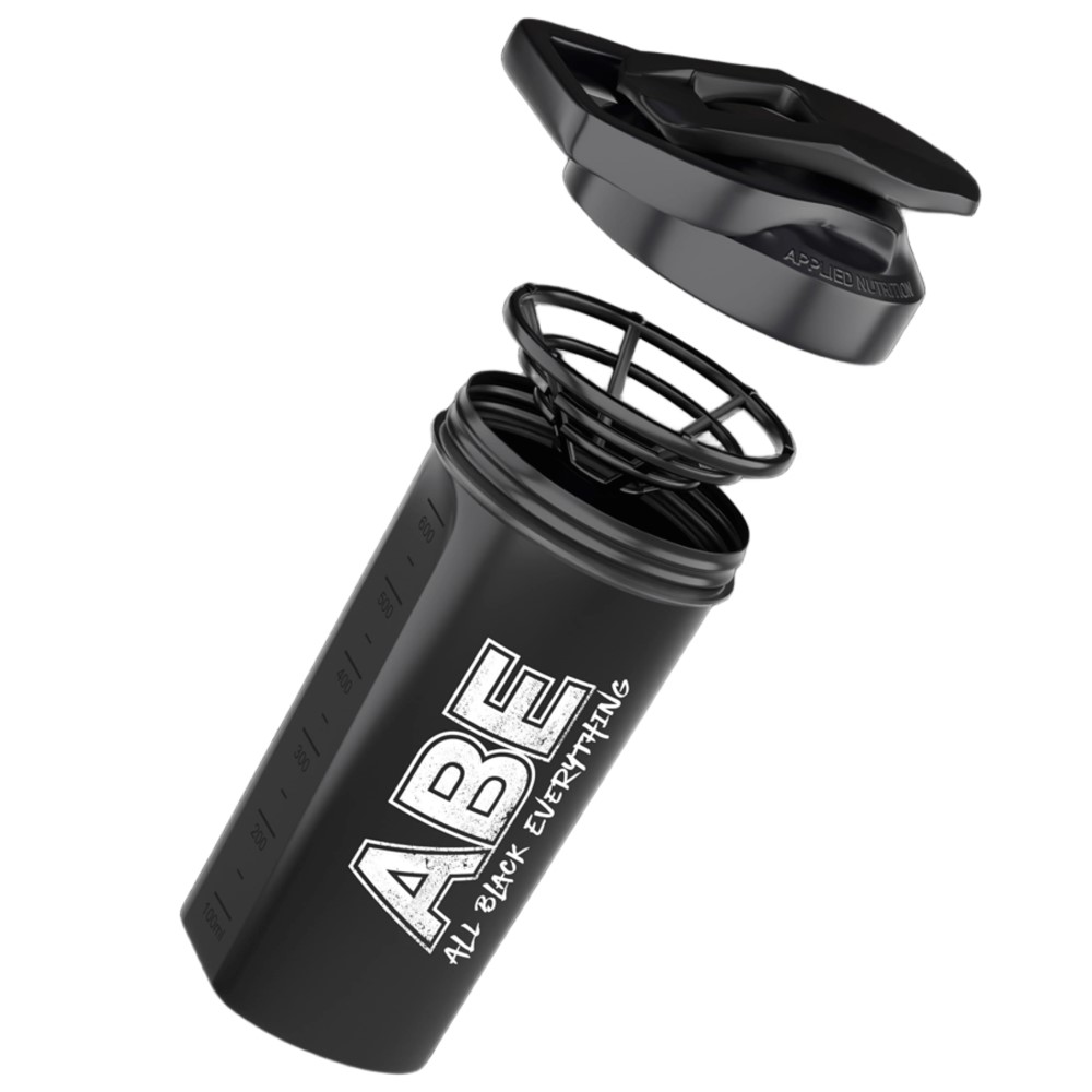 Applied Nutrition ABE Shaker 600ml black protein shaker with 'All Black Everything' branding, featuring a mixing grid and a black screw-on lid.