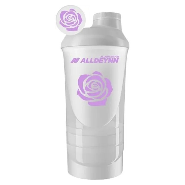 Allnutrition ALLDEYNN Smartshaker 600ml white shaker bottle with a purple rose graphic, designed for mixing supplements or protein shakes.