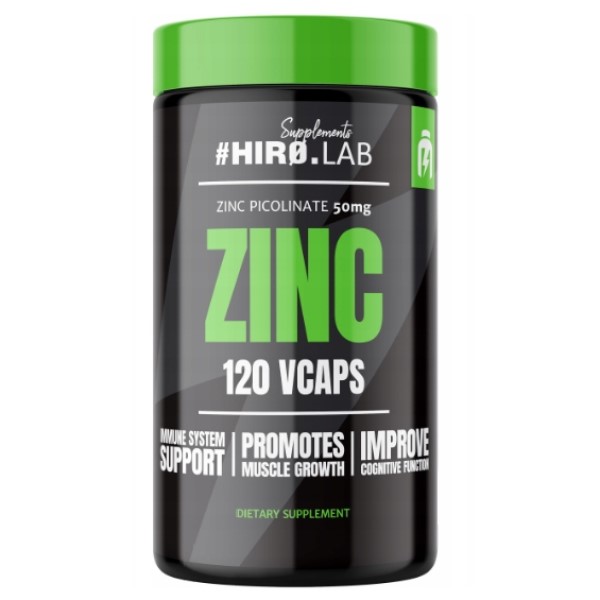 Hiro Lab Zinc 120 Vcaps dietary supplement with zinc picolinate, 50mg per capsule, in a black and green bottle. Supports immune system, muscle growth, and cognitive function.