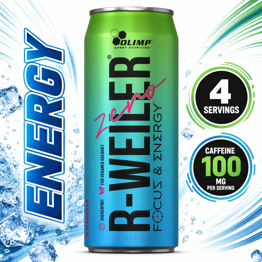 Olimp R-Weiler Focus Drink 330ml energy drink can, sugar-free blue and green formula with 100mg caffeine per serving