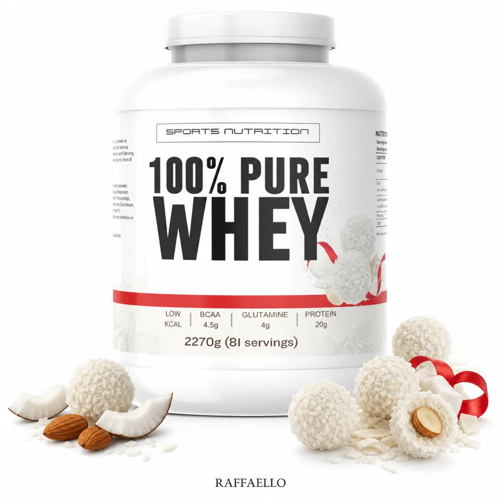 Sports Nutrition 100% Pure Whey 2270g protein powder in a large white tub, Raffaello flavour, featuring coconut and almond pieces, suitable for muscle recovery and lean mass support.