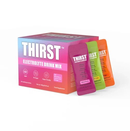 Thirst Electrolyte Drink Mix 6g x10, assorted flavours, vegan-friendly electrolyte supplement in individual sachets, pink and multicolour packaging.