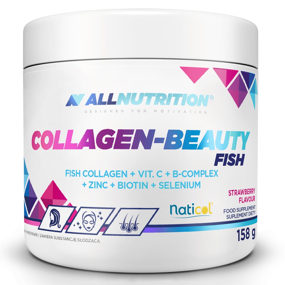 Allnutrition Collagen-Beauty Fish 158g strawberry flavour fish collagen supplement with vitamin C, B-complex, zinc, biotin, and selenium in a white tub with colorful geometric accents.