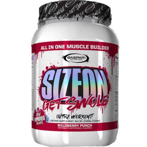 Gaspari Nutrition SizeOn Maximum Performance intra workout supplement in Wildberry Punch flavour, 24 servings, white tub with colorful label.