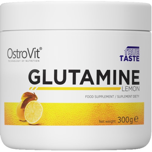 OstroVit Glutamine Lemon 300g food supplement, lemon-flavoured glutamine powder in a white tub with yellow accents and lemon imagery.